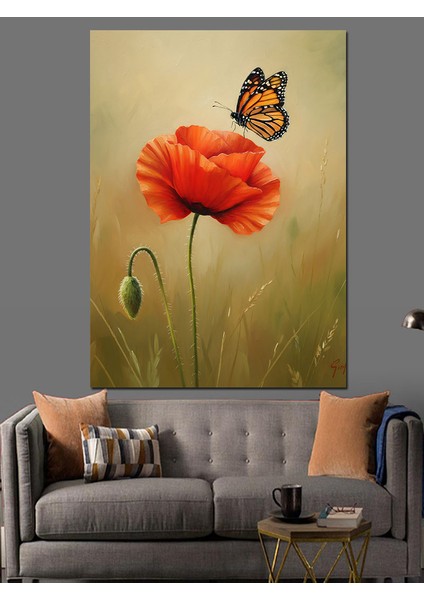 Gelincik Kelebek Çiçek Botanik Dekoratif Kanvas - Mdf Ahşap Tablo