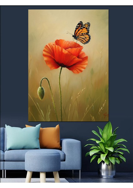 Gelincik Kelebek Çiçek Botanik Dekoratif Kanvas - Mdf Ahşap Tablo fiyatları
