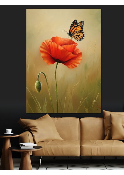 Gelincik Kelebek Çiçek Botanik Dekoratif Kanvas - Mdf Ahşap Tablo modelleri