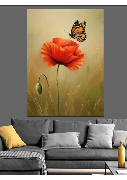Gelincik Kelebek Çiçek Botanik Dekoratif Kanvas - Mdf Ahşap Tablo indirimleri