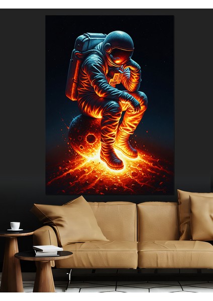 Meteorda Oturan Astranot Dekoratif Kanvas - Mdf Ahşap Tablo