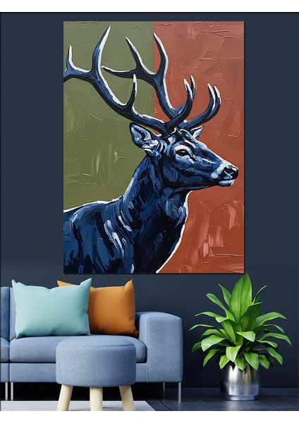 Yüksek Boynuzlu Geyik Silüeti Dekoratif Kanvas - Mdf Ahşap Tablo