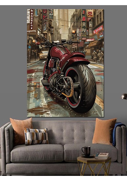 Kırmızı Motorsiklet Yağmurlu Sokak Dekoratif Kanvas - Mdf Ahşap Tablo
