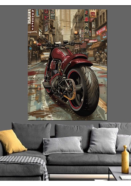 Kırmızı Motorsiklet Yağmurlu Sokak Dekoratif Kanvas - Mdf Ahşap Tablo fiyatları