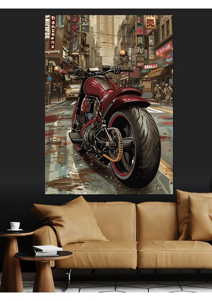 Kırmızı Motorsiklet Yağmurlu Sokak Dekoratif Kanvas - Mdf Ahşap Tablo fırsatları