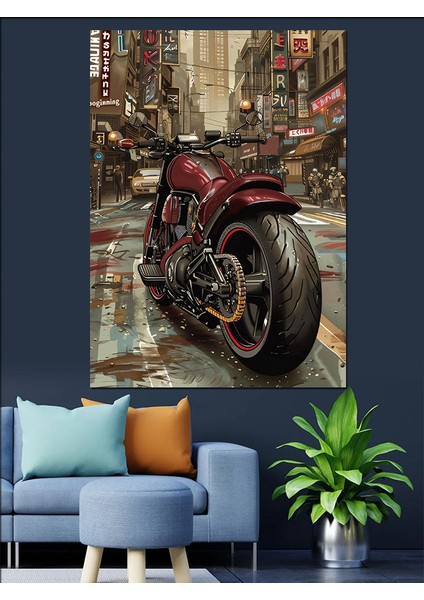 Kırmızı Motorsiklet Yağmurlu Sokak Dekoratif Kanvas - Mdf Ahşap Tablo indirimleri