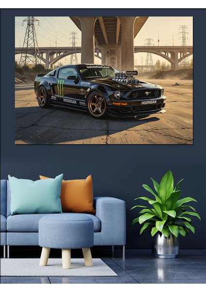 Köprü Altında Siyah Spor Araba Dekoratif Kanvas - Mdf Ahşap Tablo