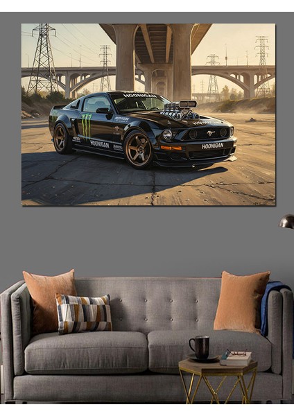 Köprü Altında Siyah Spor Araba Dekoratif Kanvas - Mdf Ahşap Tablo fiyatları
