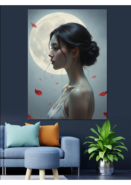 Ay Işığında Kadın Profili Dekoratif Kanvas - Mdf Ahşap Tablo