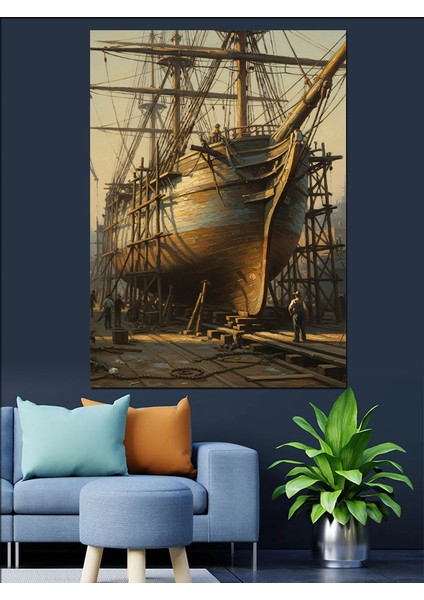 Yelkenli Eski Gemi Tershanede Dekoratif Kanvas - Mdf Ahşap Tablo