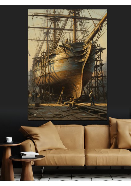 Yelkenli Eski Gemi Tershanede Dekoratif Kanvas - Mdf Ahşap Tablo fiyatları