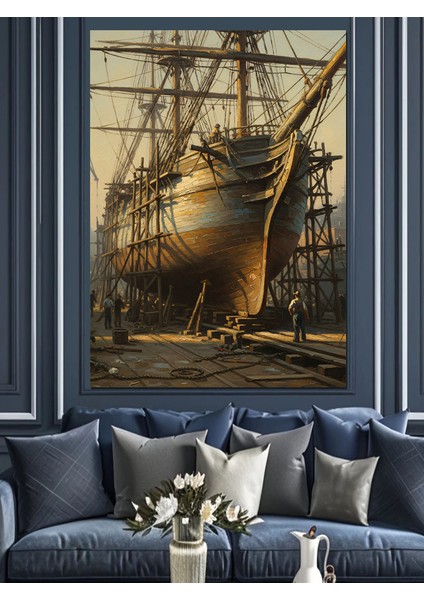 Yelkenli Eski Gemi Tershanede Dekoratif Kanvas - Mdf Ahşap Tablo modelleri