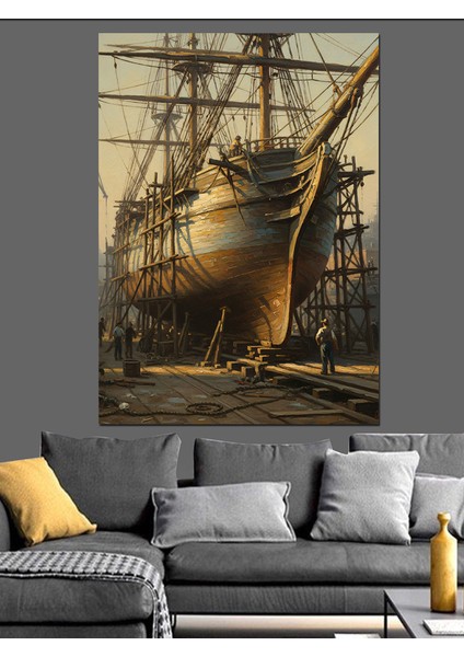 Yelkenli Eski Gemi Tershanede Dekoratif Kanvas - Mdf Ahşap Tablo fırsatları