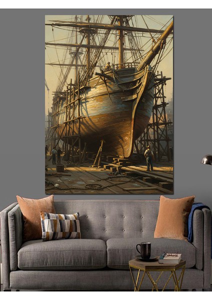 Yelkenli Eski Gemi Tershanede Dekoratif Kanvas - Mdf Ahşap Tablo indirimleri