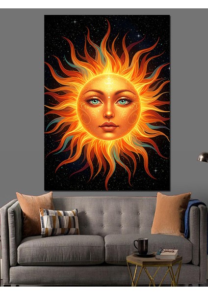 Güneş Motifli Soyut Yüz Dekoratif Kanvas - Mdf Ahşap Tablo