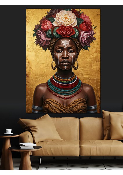 Kırmızı Çiçek Başlıklı Afrika Kadın Dekoratif Kanvas - Mdf Ahşap Tablo