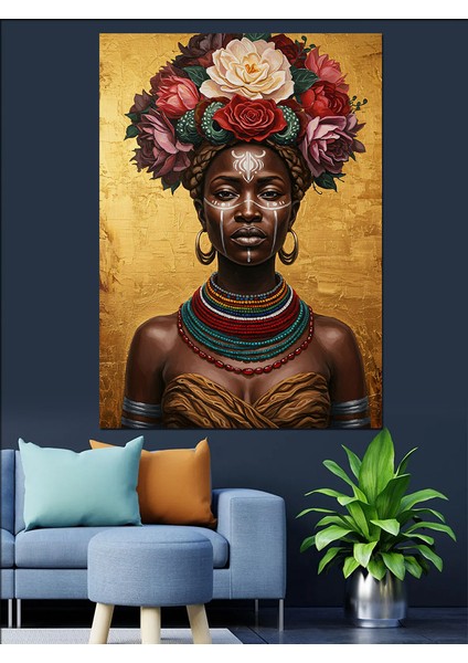 Kırmızı Çiçek Başlıklı Afrika Kadın Dekoratif Kanvas - Mdf Ahşap Tablo fiyatları
