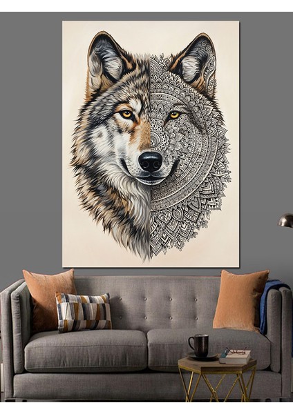 Gri Tonlarda Kurt Portresi Dekoratif Kanvas - Mdf Ahşap Tablo fiyatları