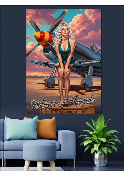 Uçak Önünde Pin-Up Pilot Dekoratif Kanvas - Mdf Ahşap Tablo