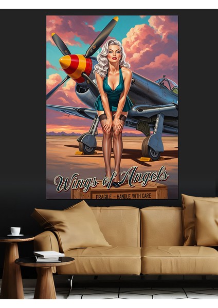 Uçak Önünde Pin-Up Pilot Dekoratif Kanvas - Mdf Ahşap Tablo fiyatları