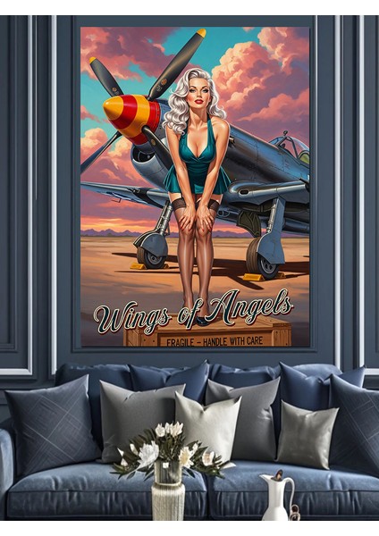 Uçak Önünde Pin-Up Pilot Dekoratif Kanvas - Mdf Ahşap Tablo modelleri