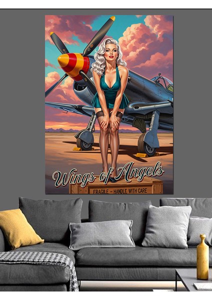 Uçak Önünde Pin-Up Pilot Dekoratif Kanvas - Mdf Ahşap Tablo fırsatları