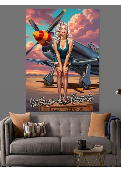 Uçak Önünde Pin-Up Pilot Dekoratif Kanvas - Mdf Ahşap Tablo indirimleri