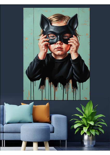 Siyah Beyaz Yarasa Maskesi Çocuk Dekoratif Kanvas - Mdf Ahşap Tablo