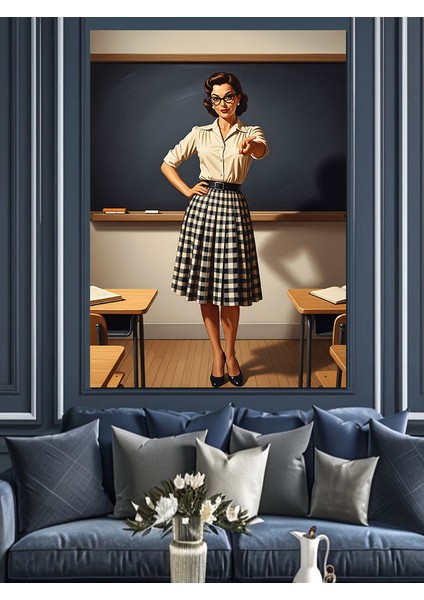 Etekli Vintage Pin-Up Kadın Öğretmen Dekoratif Kanvas - Mdf Ahşap Tablo