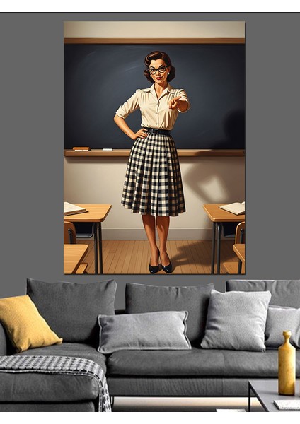 Etekli Vintage Pin-Up Kadın Öğretmen Dekoratif Kanvas - Mdf Ahşap Tablo fiyatları