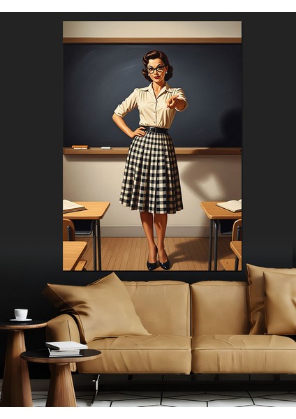 Etekli Vintage Pin-Up Kadın Öğretmen Dekoratif Kanvas - Mdf Ahşap Tablo indirimleri