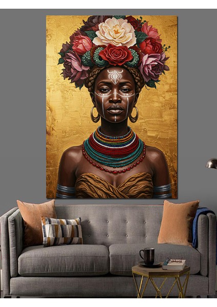 Kırmızı Çiçek Başlıklı Afrika Kadın Dekoratif Kanvas - Mdf Ahşap Tablo modelleri
