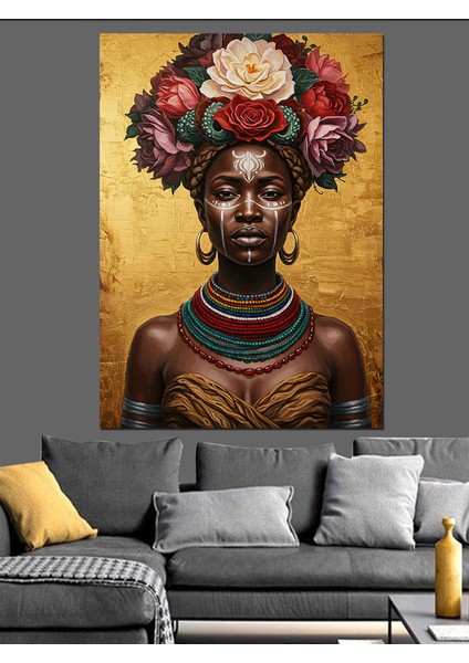 Kırmızı Çiçek Başlıklı Afrika Kadın Dekoratif Kanvas - Mdf Ahşap Tablo fırsatları