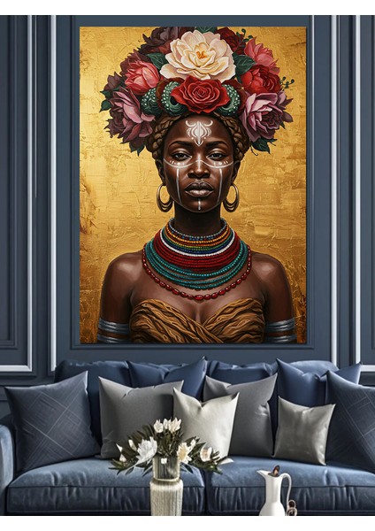 Kırmızı Çiçek Başlıklı Afrika Kadın Dekoratif Kanvas - Mdf Ahşap Tablo indirimleri