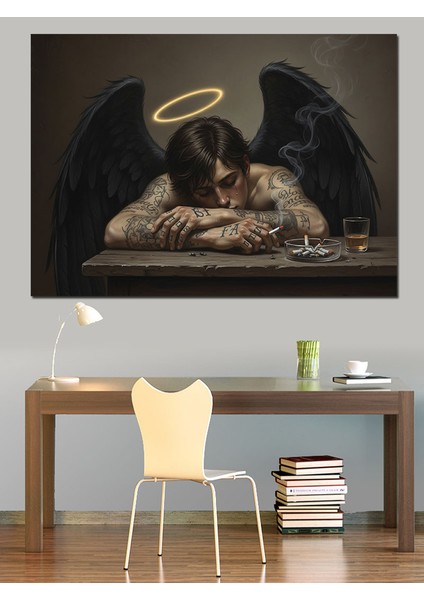Siyah Kanatlı Üzgün Melek Figürü Siyah Dekoratif Kanvas - Mdf Ahşap Tablo