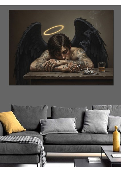 Siyah Kanatlı Üzgün Melek Figürü Siyah Dekoratif Kanvas - Mdf Ahşap Tablo fiyatları