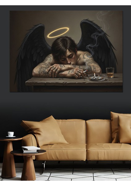Siyah Kanatlı Üzgün Melek Figürü Siyah Dekoratif Kanvas - Mdf Ahşap Tablo modelleri