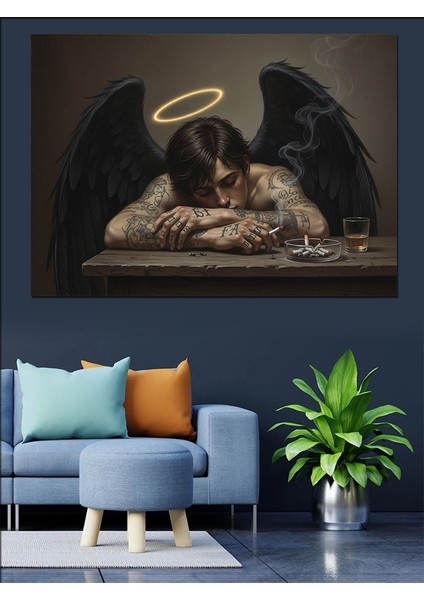 Siyah Kanatlı Üzgün Melek Figürü Siyah Dekoratif Kanvas - Mdf Ahşap Tablo fırsatları