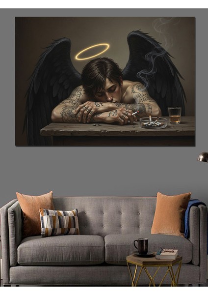 Siyah Kanatlı Üzgün Melek Figürü Siyah Dekoratif Kanvas - Mdf Ahşap Tablo indirimleri