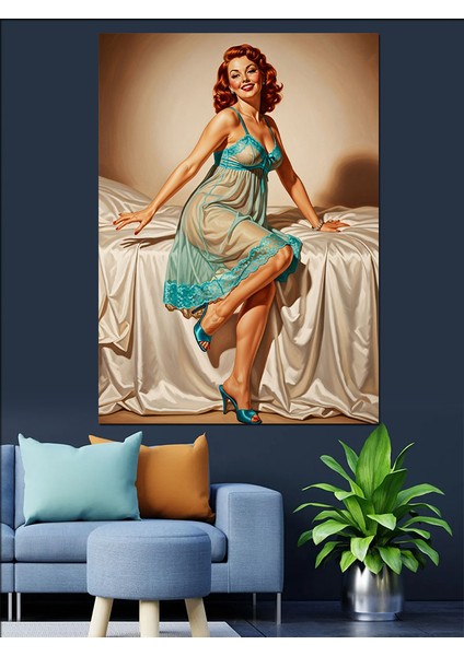 Yatakta Oturan Pin-Up Kadın Dekoratif Kanvas - Mdf Ahşap Tablo