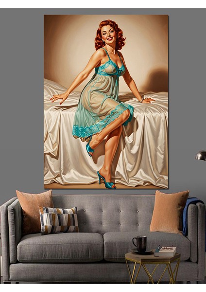 Yatakta Oturan Pin-Up Kadın Dekoratif Kanvas - Mdf Ahşap Tablo fiyatları