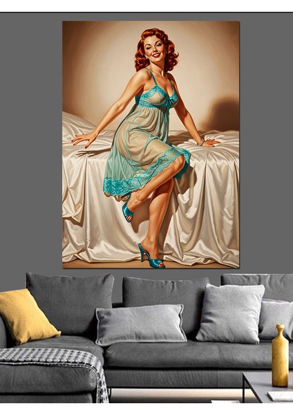 Yatakta Oturan Pin-Up Kadın Dekoratif Kanvas - Mdf Ahşap Tablo modelleri