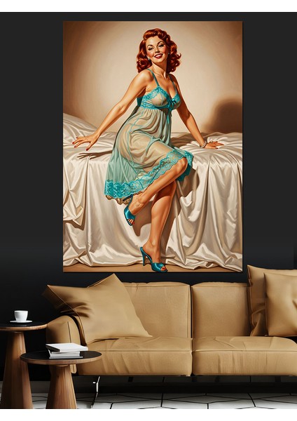 Yatakta Oturan Pin-Up Kadın Dekoratif Kanvas - Mdf Ahşap Tablo indirimleri