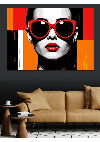 Kırmızı Gözlüklü Kadın Portresi Renk Bloklu Fon Dekoratif Kanvas - Mdf Ahşap Tablo