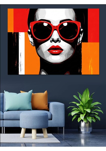 Kırmızı Gözlüklü Kadın Portresi Renk Bloklu Fon Dekoratif Kanvas - Mdf Ahşap Tablo fiyatları