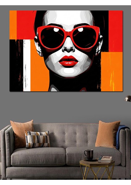 Kırmızı Gözlüklü Kadın Portresi Renk Bloklu Fon Dekoratif Kanvas - Mdf Ahşap Tablo modelleri