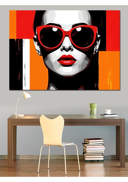 Kırmızı Gözlüklü Kadın Portresi Renk Bloklu Fon Dekoratif Kanvas - Mdf Ahşap Tablo fırsatları