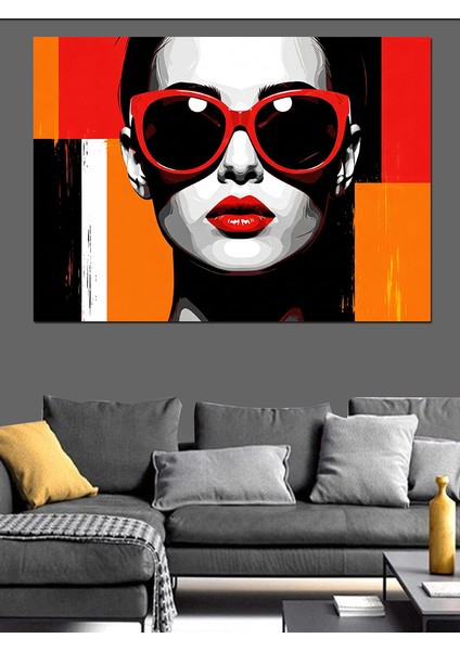 Kırmızı Gözlüklü Kadın Portresi Renk Bloklu Fon Dekoratif Kanvas - Mdf Ahşap Tablo indirimleri