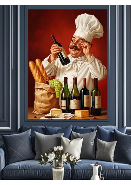 Şarap Tadan Mutlu Aşçı Dekoratif Kanvas - Mdf Ahşap Tablo