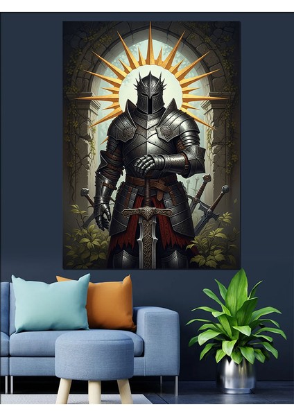 Siyah Zırhlı Kılıçlı Şövalye Dekoratif Kanvas - Mdf Ahşap Tablo